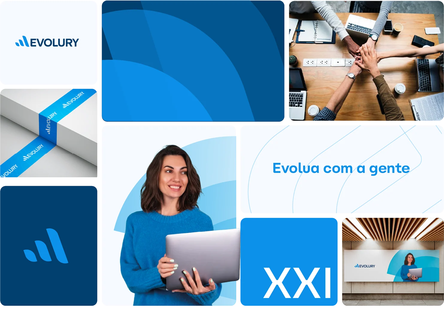 Prancha com aplicações e elementos do sistema visual da Evolury.