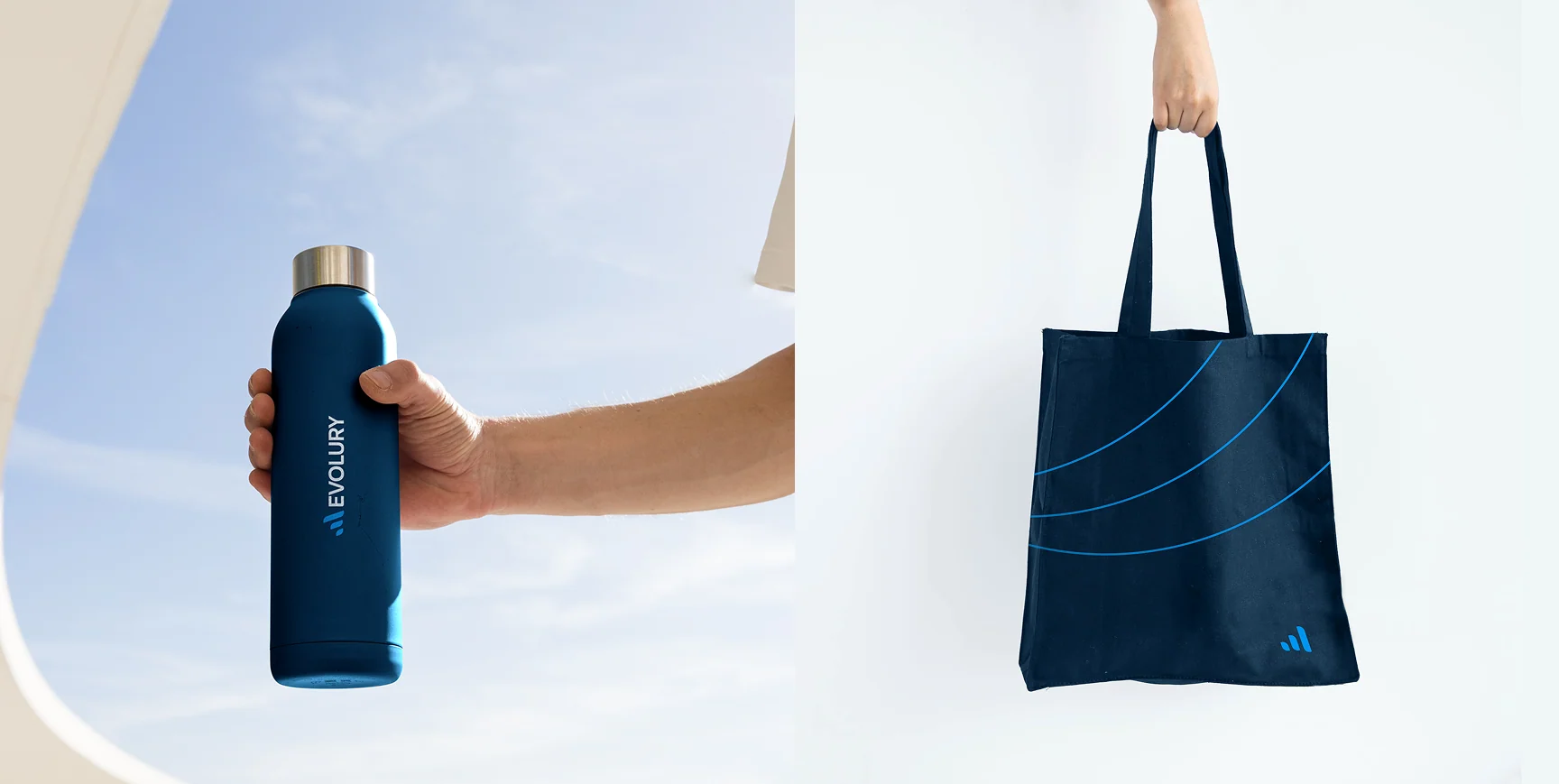 Garrafa e bolsa reutilizável personalizadas com a marca Evolury.