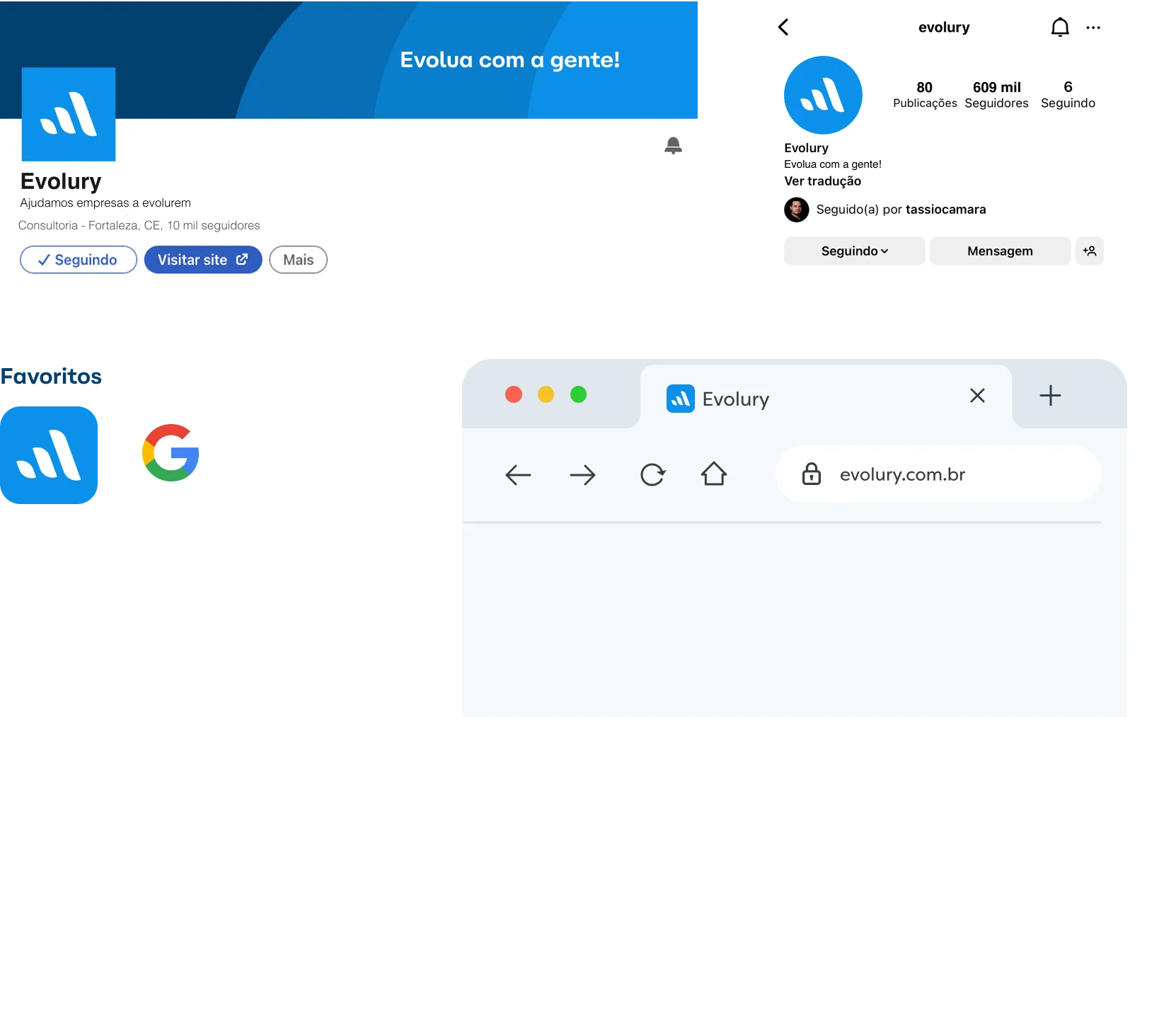 Aplicações digitais da Evolury em redes sociais, navegador e ícones de marca.