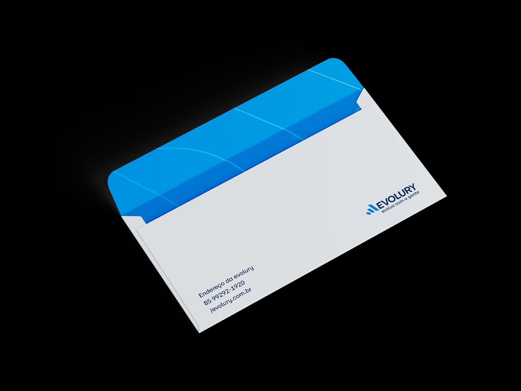 Envelope institucional da Evolury com faixa azul e assinatura da marca.