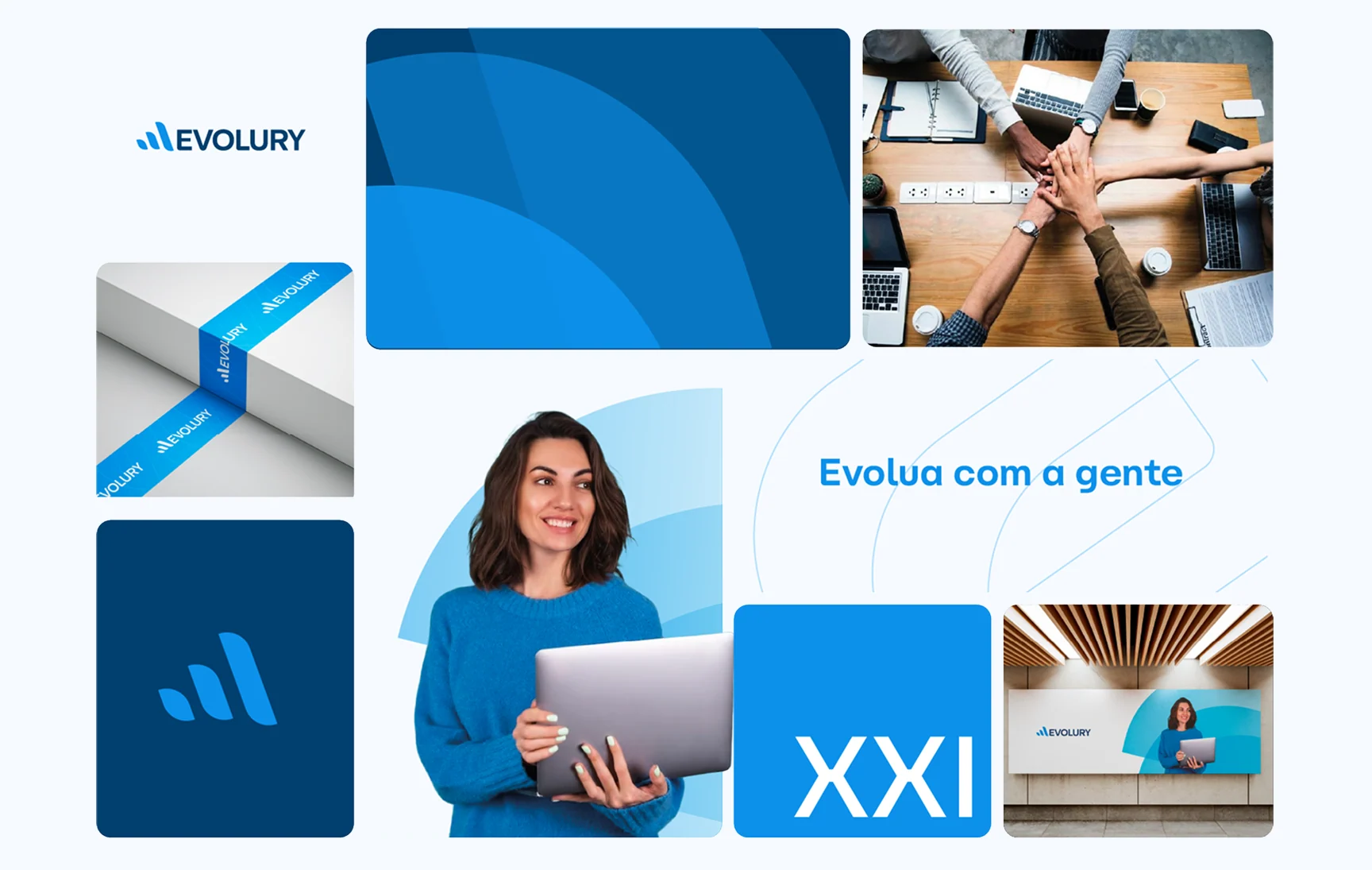 Prancha de aplicações da identidade da Evolury em diferentes pontos de contato.
