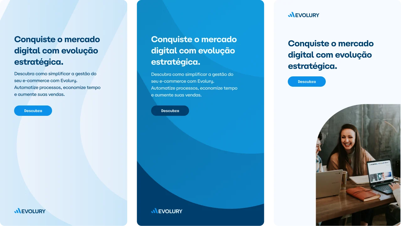 Peças digitais da Evolury com mensagens sobre evolução estratégica.