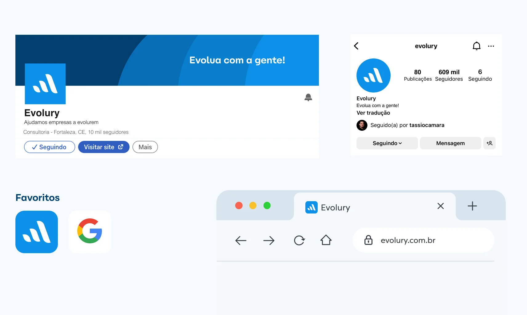 Presença da Evolury em perfis sociais e navegador web.