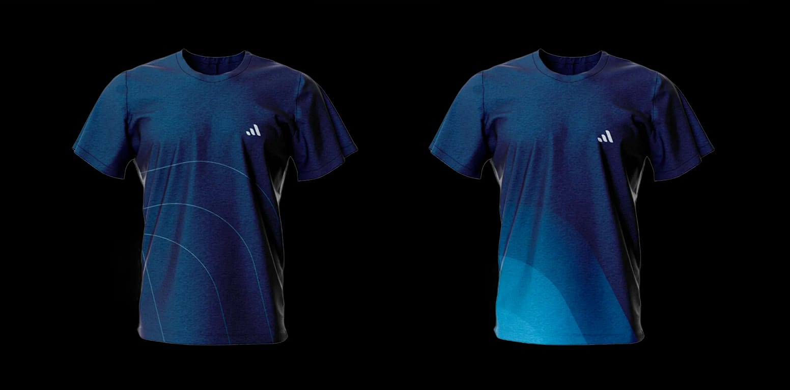 Camisetas da equipe com grafismos e símbolo da Evolury.